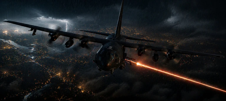 A military aircraft fires a bright laser over a city at night with lightning illuminating storm clouds.