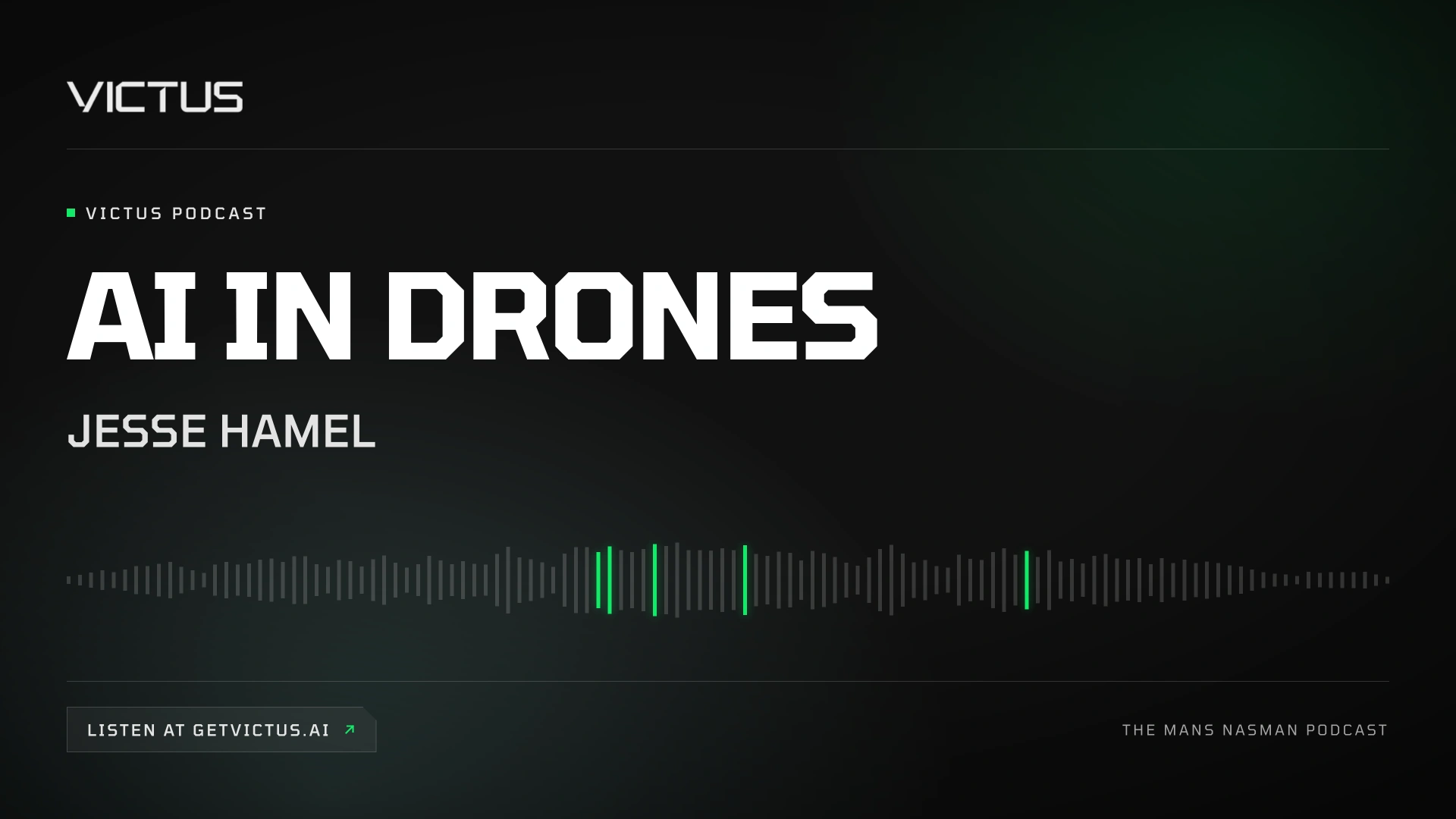 Podcast cover for "AI in Drones" with Jesse Hamel features bold text, audio waveform, and a dark background.