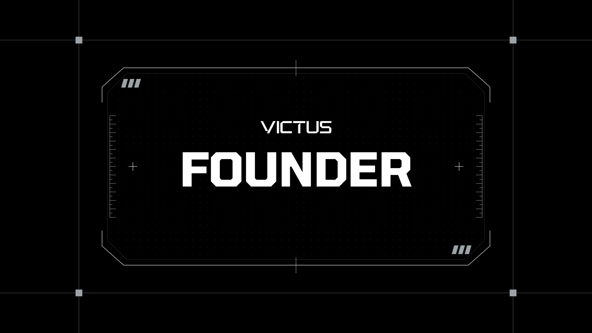White text reading "VICTUS FOUNDER" appears in a futuristic font on a black, tech-themed background with geometric accents.